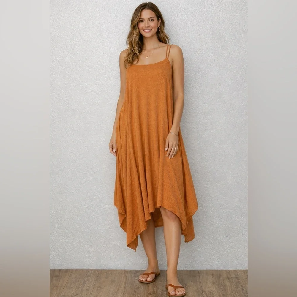 Boho Flowy Orange Spaghetti Strap Midi SunDress Summer Resort Beach Vacation Lg